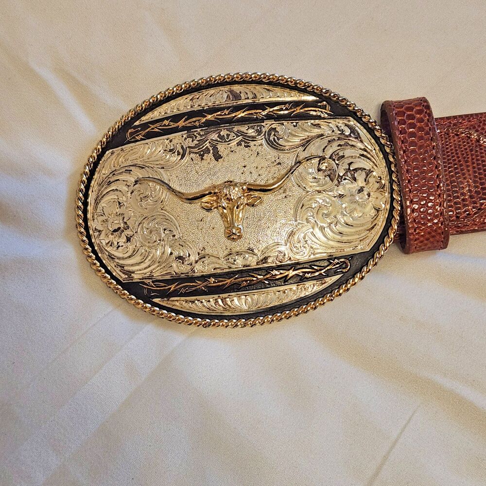 Montana Silversmiths Longhorn Buckle Corral Teju Lizard Skin Belt Size 34 - Picture 3 of 15
